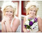 Bridal head piece headband - Dramatic White feather pouf wedding fascinator  headband - MYRA design
