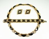 Vintage Park Lane Pave Crystal Black Enamel Gold Tone Necklace Bracelet Earrings Set