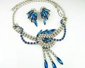 Vintage Juliana Style Royal Blue Navette Diamante Rhinestone Necklace Earrings Set