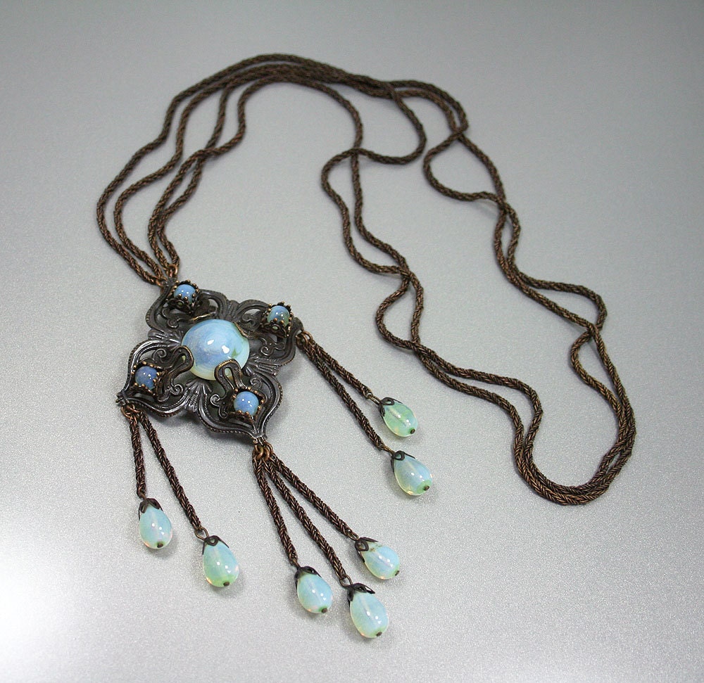 Vintage Victorian Revival Gunmetal Glass Necklace Brooch