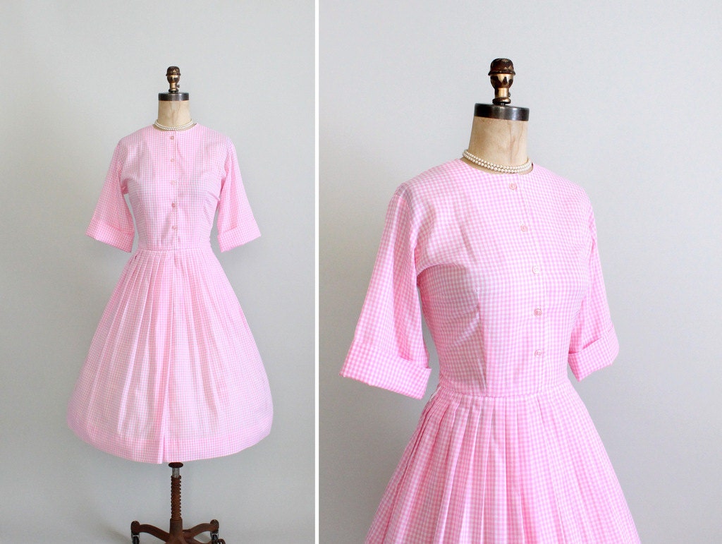 Vintage 1960s Dress : 60s Pink Gingham Day Dress