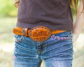 Kids Custom Leather Belt Buckle - Unisex hand tooled customized - OVAL Childs Buckle - choice of stain color initials