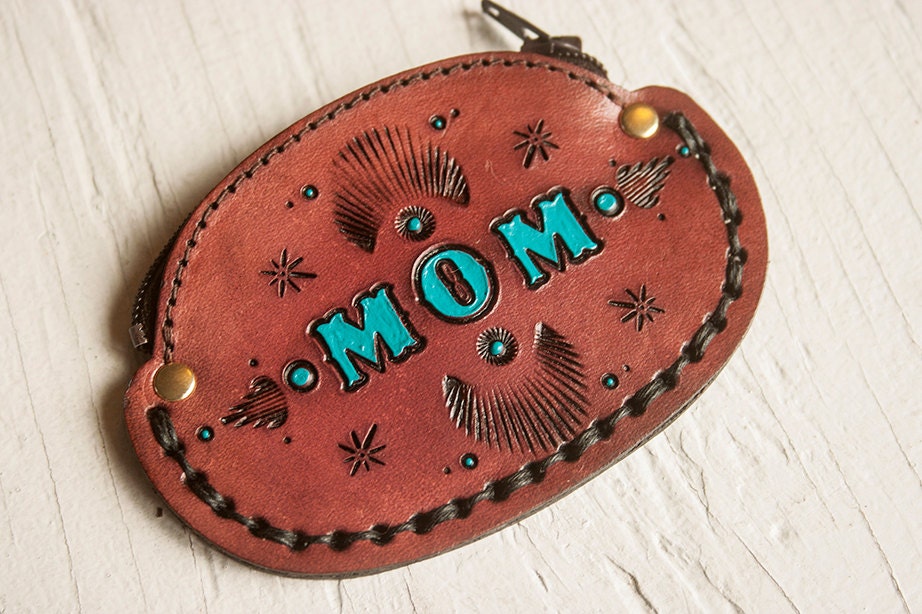 Custom Leather Coin Purse - MOM - Pick stain color, accent color, thread color - personalized leather pouch, wallet- Perfect for mothers day