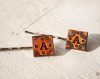 Custom leather hair pins - Square - personalize with initials - Set of 2 - choose your favorite pattern - bobby pins, hair clips