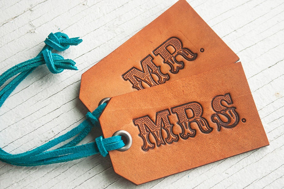 Reserved for Taylor - Leather Luggage Tags - Lg Western Font - your choice of stain, lace and grommet color - Or choose His/His, Hers/Hers