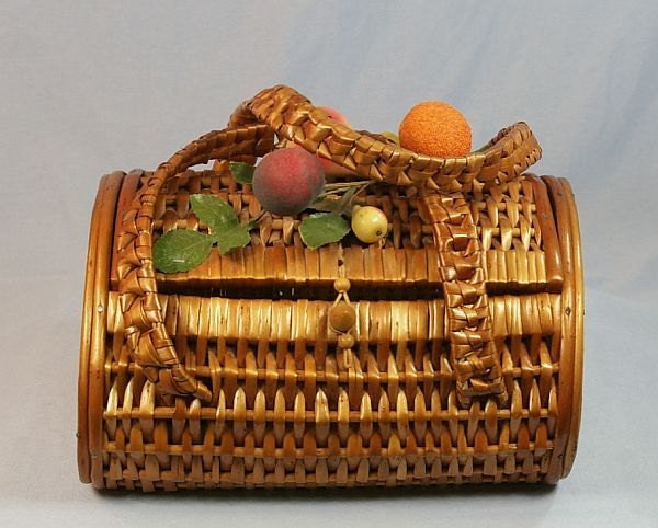 SALE Vintage Wicker Basket Purse, Picnic Style with Fruit, Handbag - MyVintageCocktail
