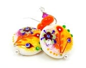 Floral Earrings, Pink Yellow Orange Earrings, Lampwork Earrings, Glass Earrings, Beaded Earrings, Beadwork Earrings