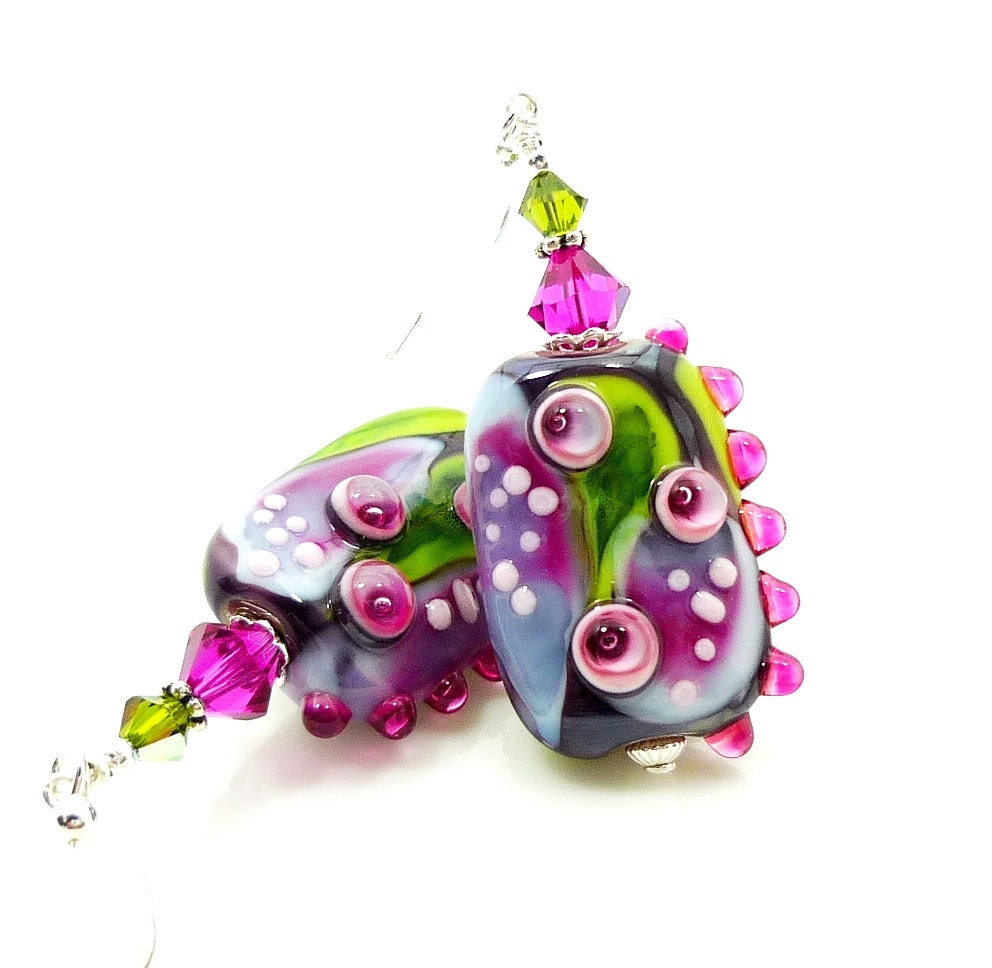 Pink Purple Green Earrings, Abstract Earrings, Free-Form Earrings, Lampwork Earrings, Glass Bead Earrings, Beadwork Earrings
