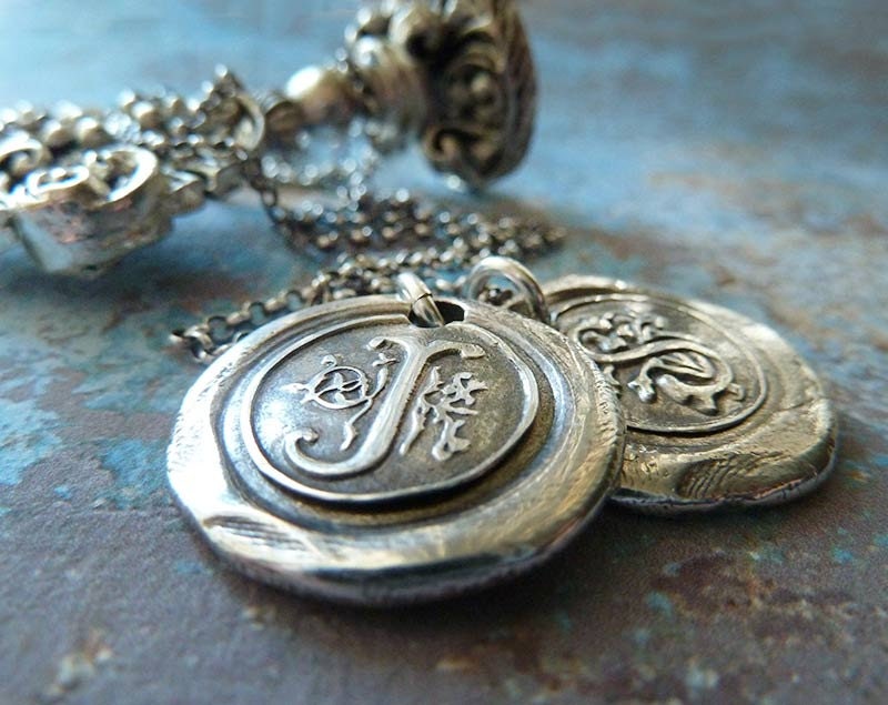 Double Wax Seal Initial Necklace. Wax Seal Monograms. Wax Seal Fine Silver Personalized Jewelry