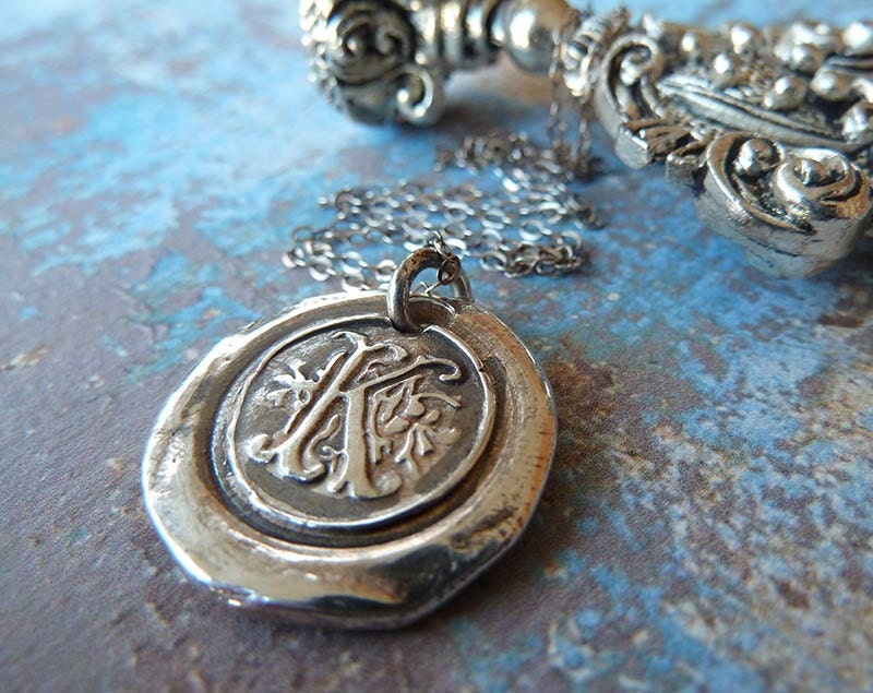 Wax Seal Personalized Monogram Silver Necklace. Custom Initial Letter. Vintage Inspired Fine Silver Artisan Jewelry