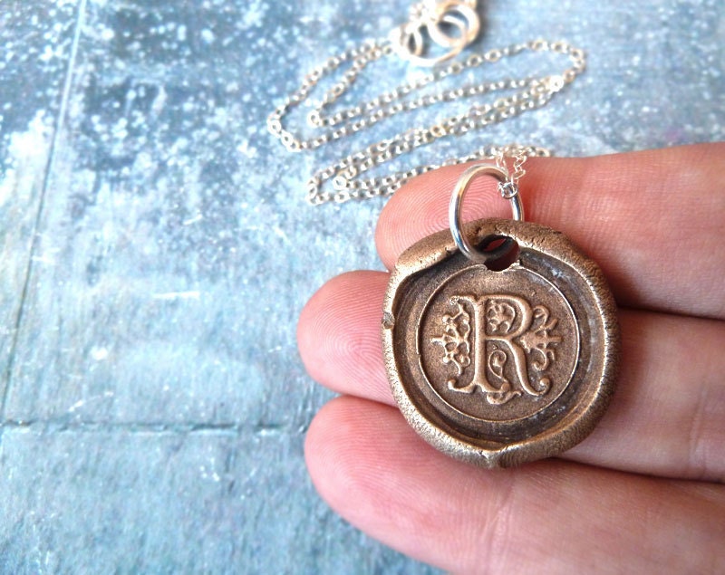 Wax Seal Monogram Initial Letter Necklace. Sterling Silver Chain. Personalized Inscribed Bronze Jewelry