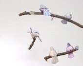 Modern Bird Mobile - Baby Nursery Decor - fabric sculpture on yarn wrapped branches in lavender, silver gray, purple and cream
