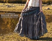 LONG HEMP SKIRT -  Wrap around Ruffle - Hippie Boho Eco Organic Woodland Shabby Cottage chic - Grey with lace border