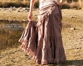 LONG HEMP SKIRT -  Wrap around Ruffle - Hippie Boho Eco Organic Woodland Faery Pixie Fairy - Brown with lace border