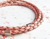 Pink Leather Bracelet, Triple Wrap Braided Leather with Handmade Sterling Silver - SivaniAccessories