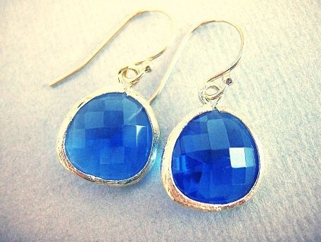 Cobalt Blue Earrings, Cobalt Glass Gold Trimmed Earrings