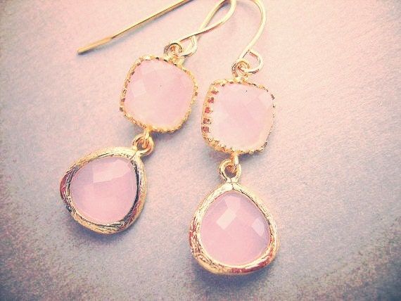 Light Pink Earrings, Pink Opal Gold Trimmed Dangle Earrings, Bridal