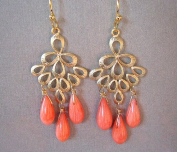 Coral and Gold Peacock Chandelier Earrings, mother's day jewelry, Bridesmaid Gift