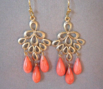 Coral and Gold Peacock Chandelier Earrings, mother's day jewelry, Bridesmaid Gift