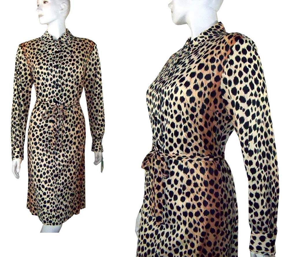Vintage 1970s Leopard Graphic Print  Party Dress Size 16 By R&K Originals Never Worn