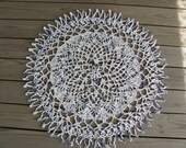 Round Doily crochet RUG white with blue print Plastic shopping bags 36 inches