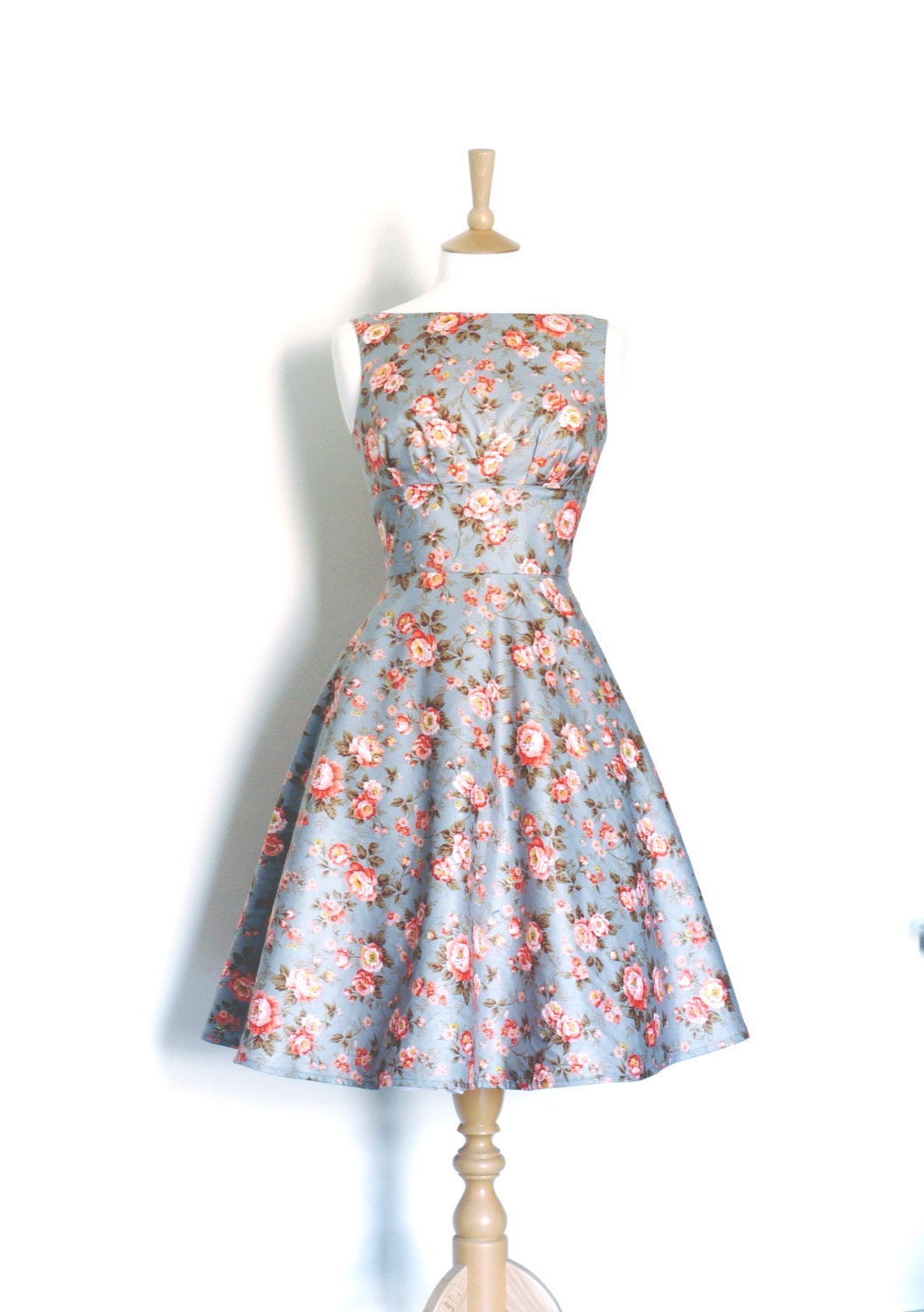 Grey and Red Floral Print Cotton Tea Dress- Made to Measure