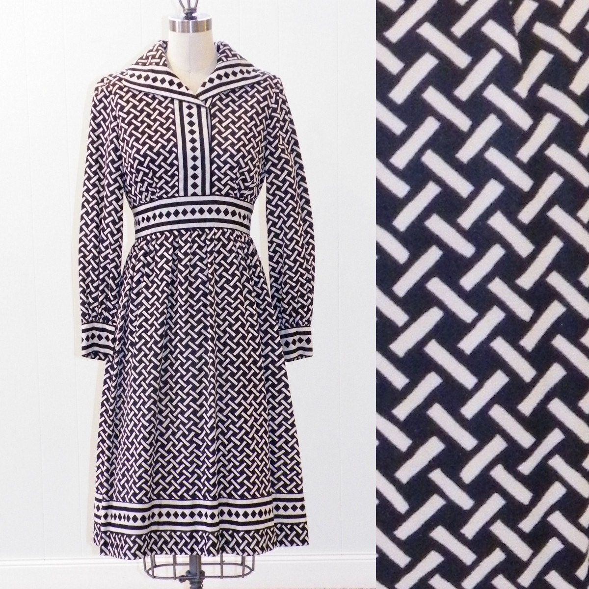 Mod 1960s Dress, Bonwit Teller Geometric Blue & Ivory Print 60s Designer Dress, Shannon Rodgers for Jerry Silverman, Braided Design A-Line