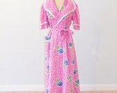 50s Robe, Pink & Blue Roses 1950s Floral Cotton Plisse Vintage Lounging Robe