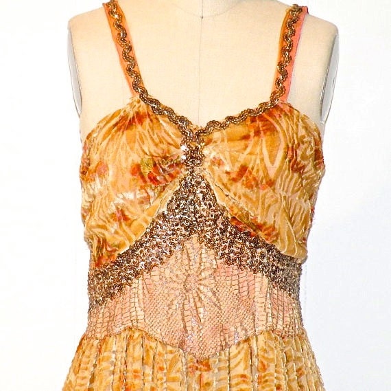 1930s Dress, 30s Evening Gown, Sequined Burnout Velvet & Floral Chiffon Art Deco Dress, Silver Metallic Lattice Work Full Length Gown