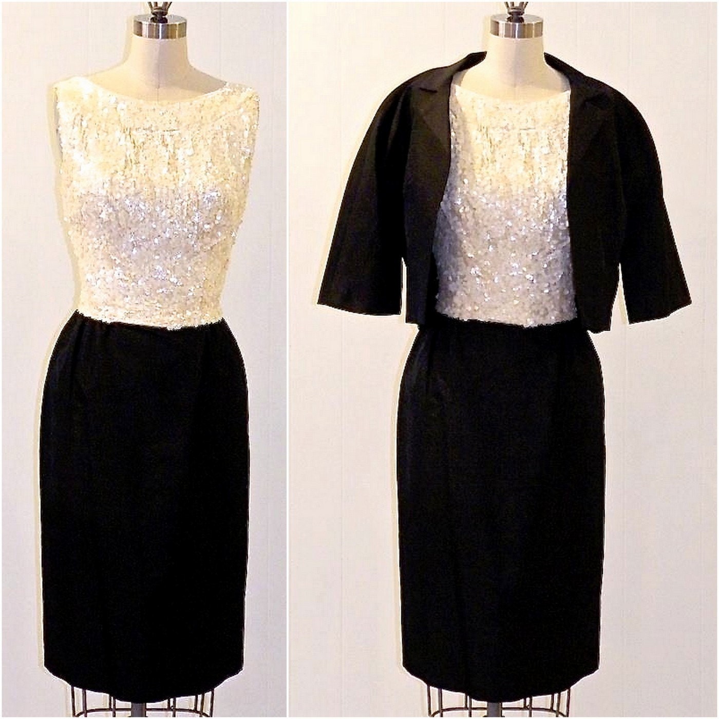 1950s Cocktail Dress & Jacket / 50s Dress / Sequins and Silk Vintage Designer Dress, Rappi