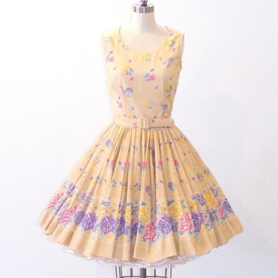 Vintage 60s Sun Dress, Floral Roses Cotton Voile 1960s Garden Party Dress, Belt, Full Skirted Summer Dress