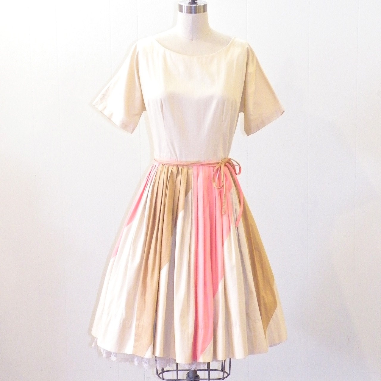 50s Dress, 1950s Dress, Tan Pink & Brown Striped Cotton Day Dress, Pleated Full Skirt
