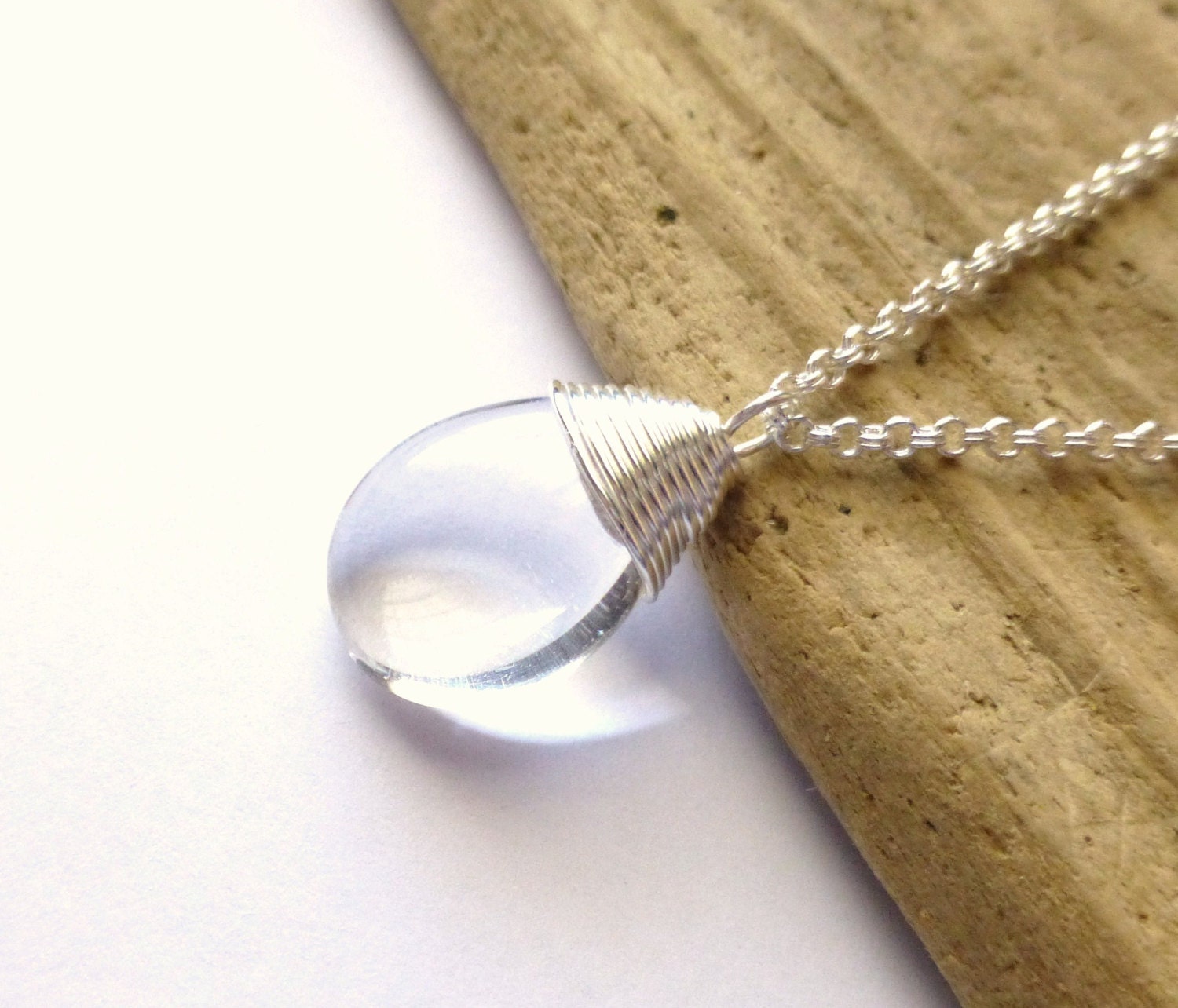Clear Glass Necklace, Clear Czech Glass Briolette, Wire Wrapped Pendant Necklace, JBMDesigns, Teardrop, Under 30