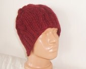 Hand knit hat - Cable knit hat in Maroon wooly hat, maroon hat