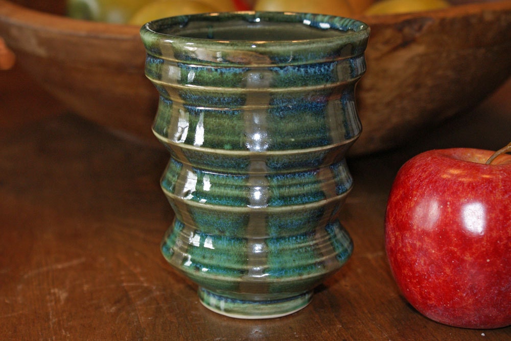 Ceramic Tumbler / Ice Blue / Variegated Greens and Blues / Lines / Stripes