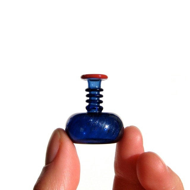 Miniature Vase in Sparkly Blue and Coral, Hand Blown Glass