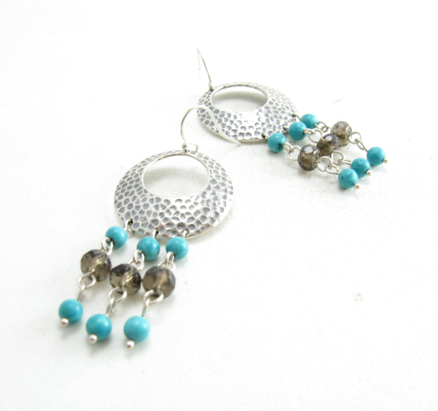 Southwestern Silver Hammered Hoop Chandeliers Turquoise and Smokey Quartz