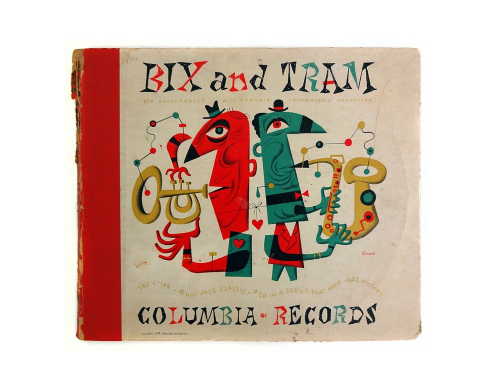 Jim Flora 10-inch 78rpm record album design, 1947. "Bix and Tram"