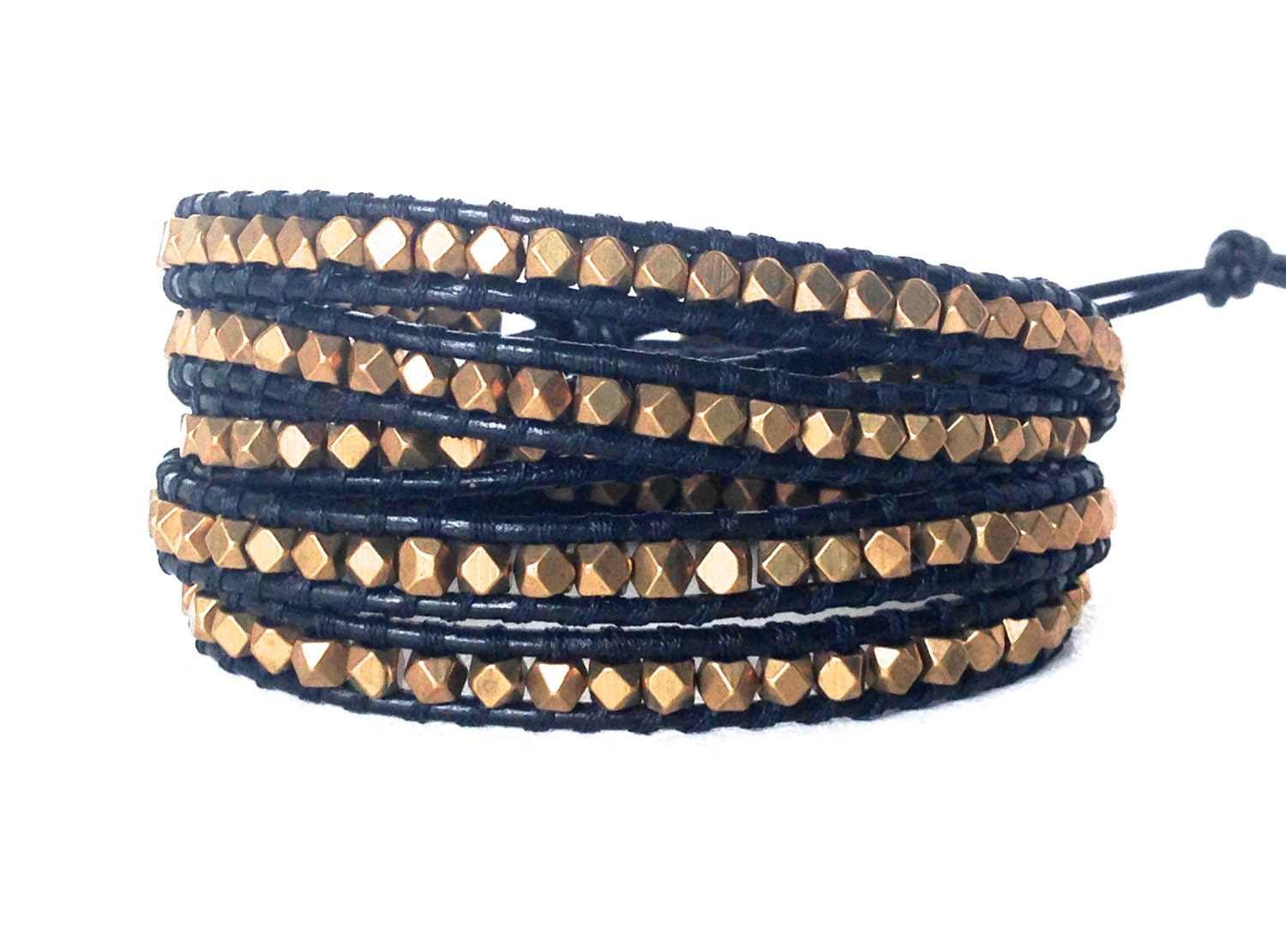 Black Leather Wrap Bracelet with Brass Nuggets