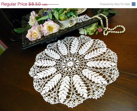 ON SALE White Crochet Lace Doily - Wheat Patterned - Vintage Crochet Linens 9855
