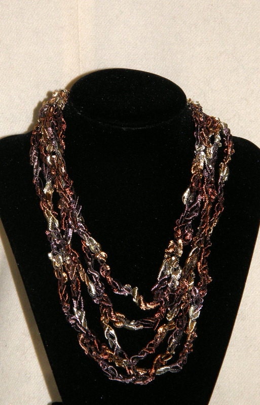 Ribbon Necklace brown beige earth tone colored Fancy Ribbon Yarn Hand Crocheted by mcleodhandcraftgifts