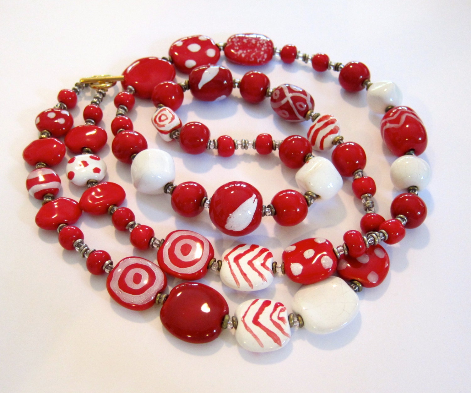 Kazuri Beaded Necklace, Ceramic Necklace,  Fair Trade, Red and White Ceramic Necklace