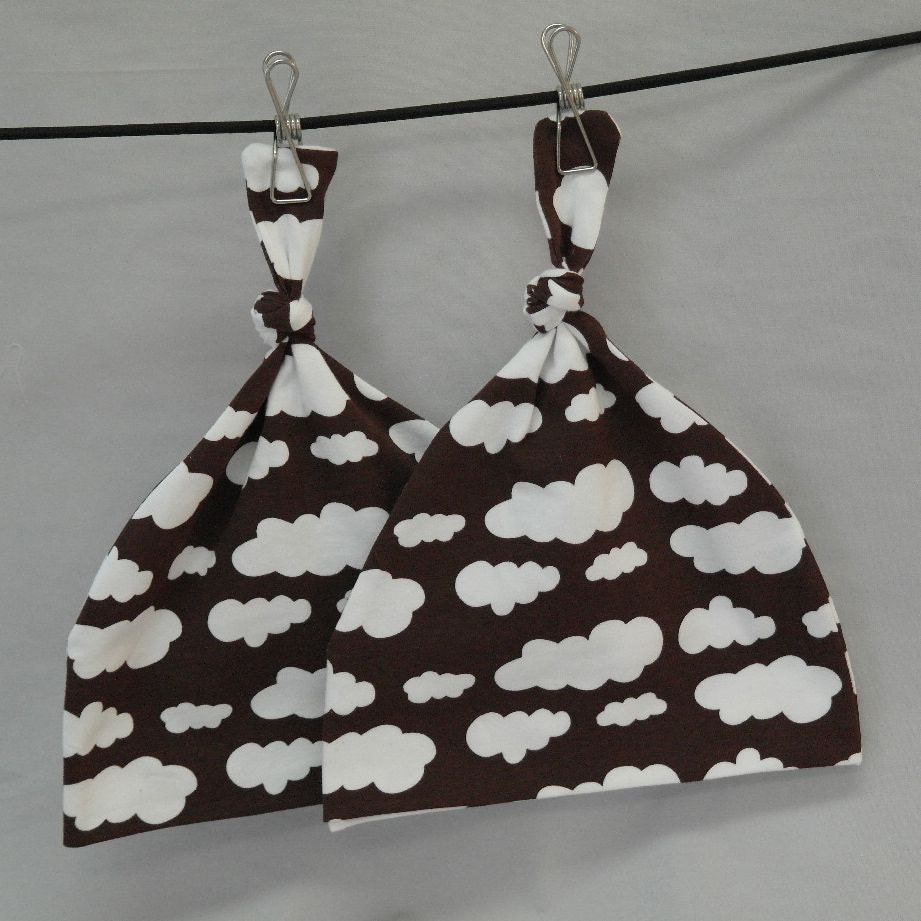 Top Knot Beanie White Clouds