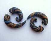 Gold Black Striped Spiral Fake Stretched Earring