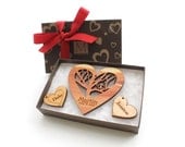 Personalized 2013 Wedding "Lovebirds" Ornament Set with Monogram Gift Box - Customized Cedar Heart Ornament Set - Timber Green Woods