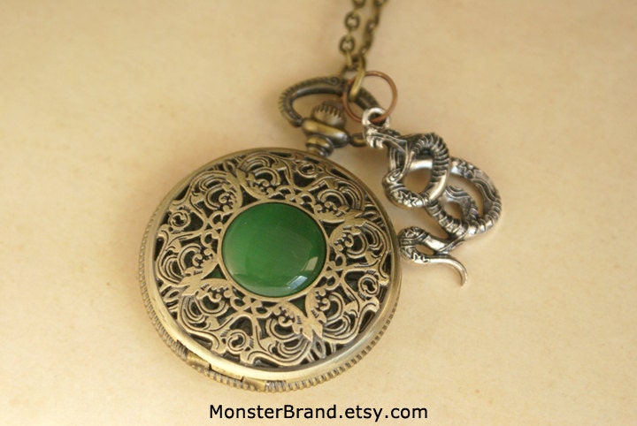 Slytherin Pocket Watch Necklace, Hogwarts Tom Riddle Snake Jewelry