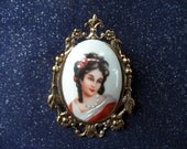 Limoges France Hand Painted Porcelain Cameo and Stamped Brass Pin