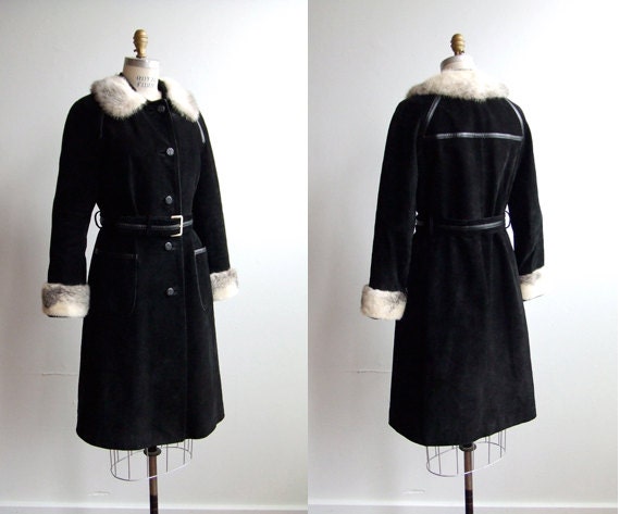 Vintage 1960s black suede coat with white mink fur collar and cuffs