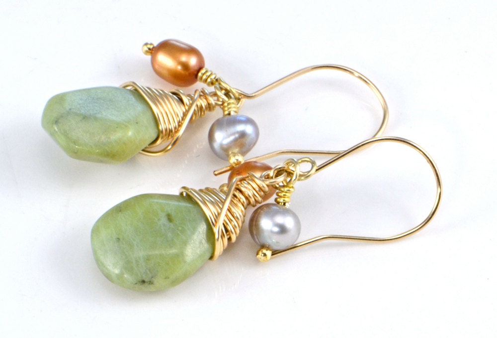 Green Serpentine Briolette and Freshwater Pearl Earrings
