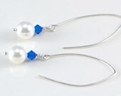 White Shell Pearl, Sapphire Swarovski Crystals, and Sterling Silver Marquis Earrings - September birthstone birthday